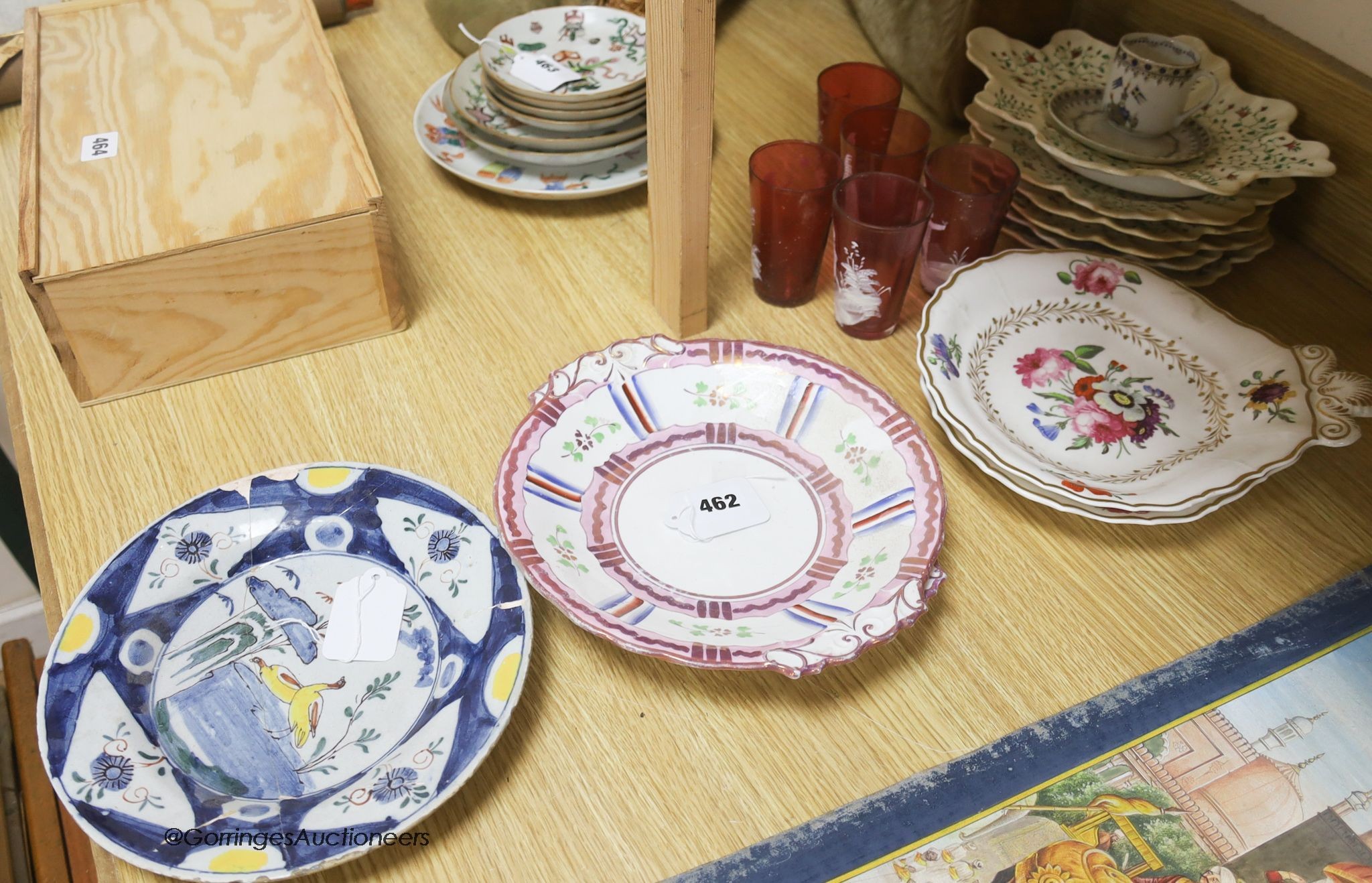 A Delft polychrome plate, two Coalport dishes, a dessert set, two lustre dishes and five cranberry glasses